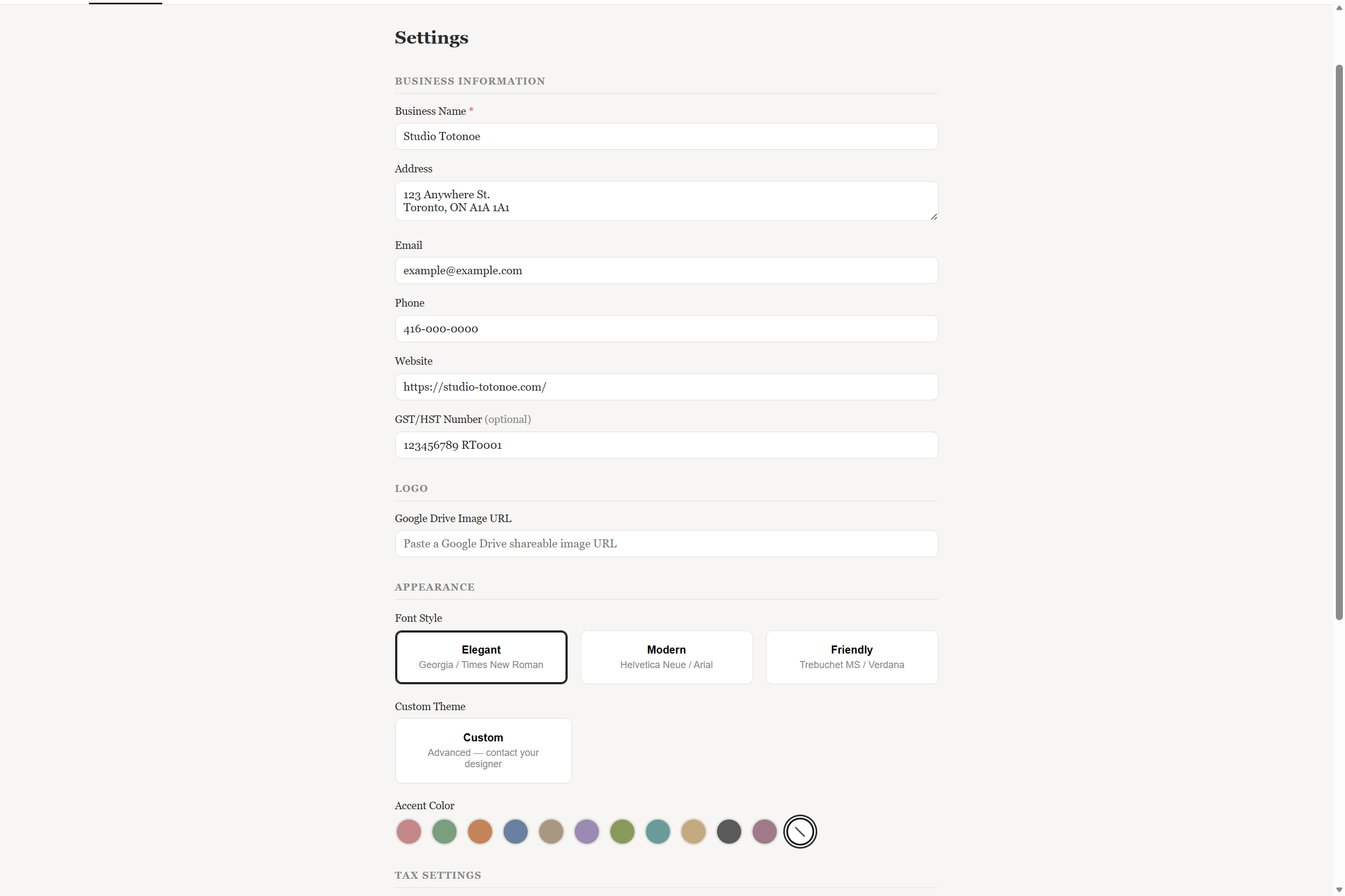 Settings 画面のスクリーンショット — フォント・カラー・ロゴの設定